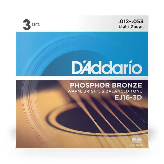 D'Addario EJ16-3D Light (12-53), Phosphor Bronze Acoustic Guitar Strings (3 SETS)