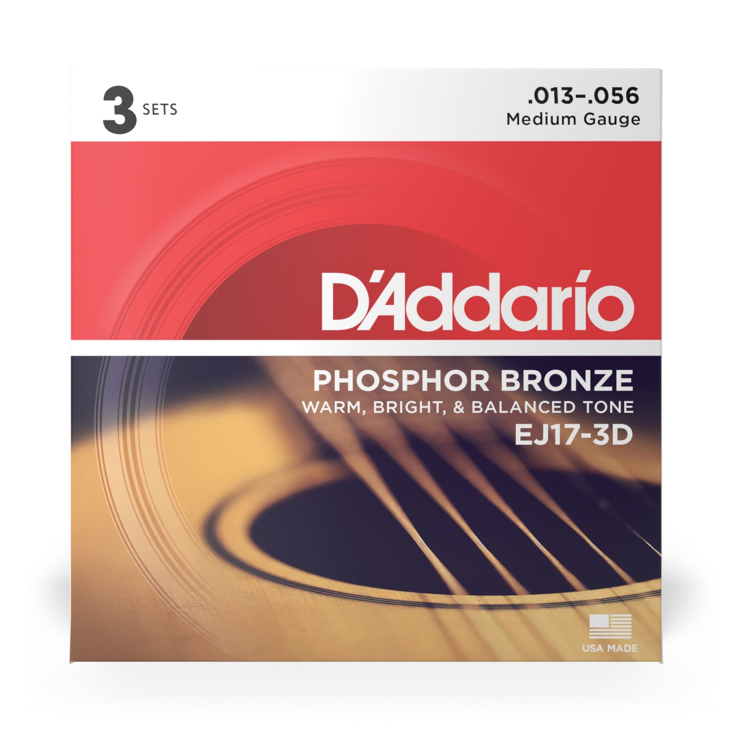 D'Addario EJ17-3D Medium (13-56), Phosphor Bronze Acoustic Guitar Strings (3 SETS)