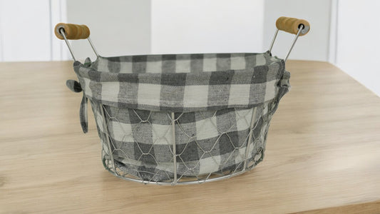 Metal Basket With Wooden Handles and Gray/White Cloth